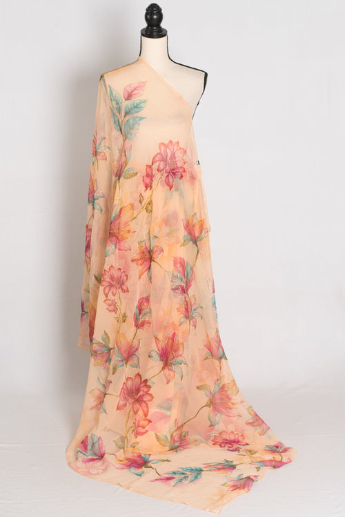 Diya : Soft Peach Floral Printed Chiffon Saree - Budget-Friendly Summer Drape