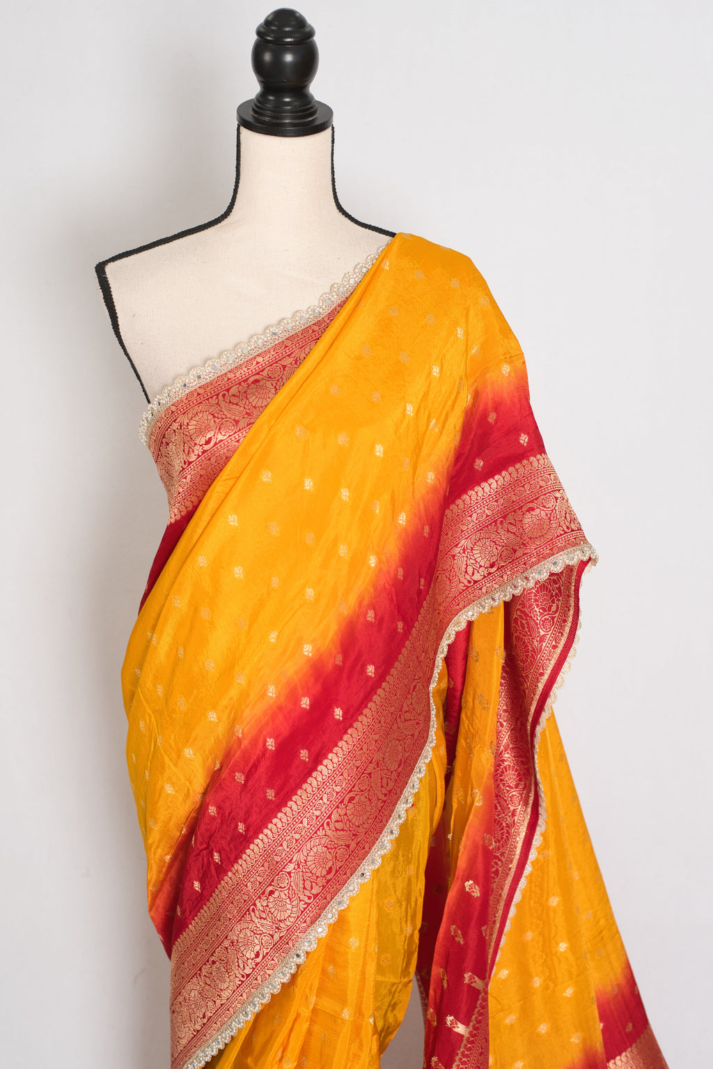 Mala | Yellow & Red Dola Silk Banarasi Saree | Soft & Flowy