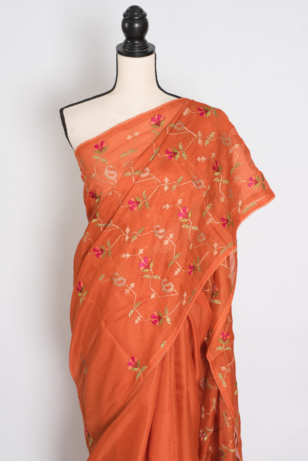 Anjani | Vibrant Orange Blended Kota Silk Saree | Soft, Flowy Machine Embroidery