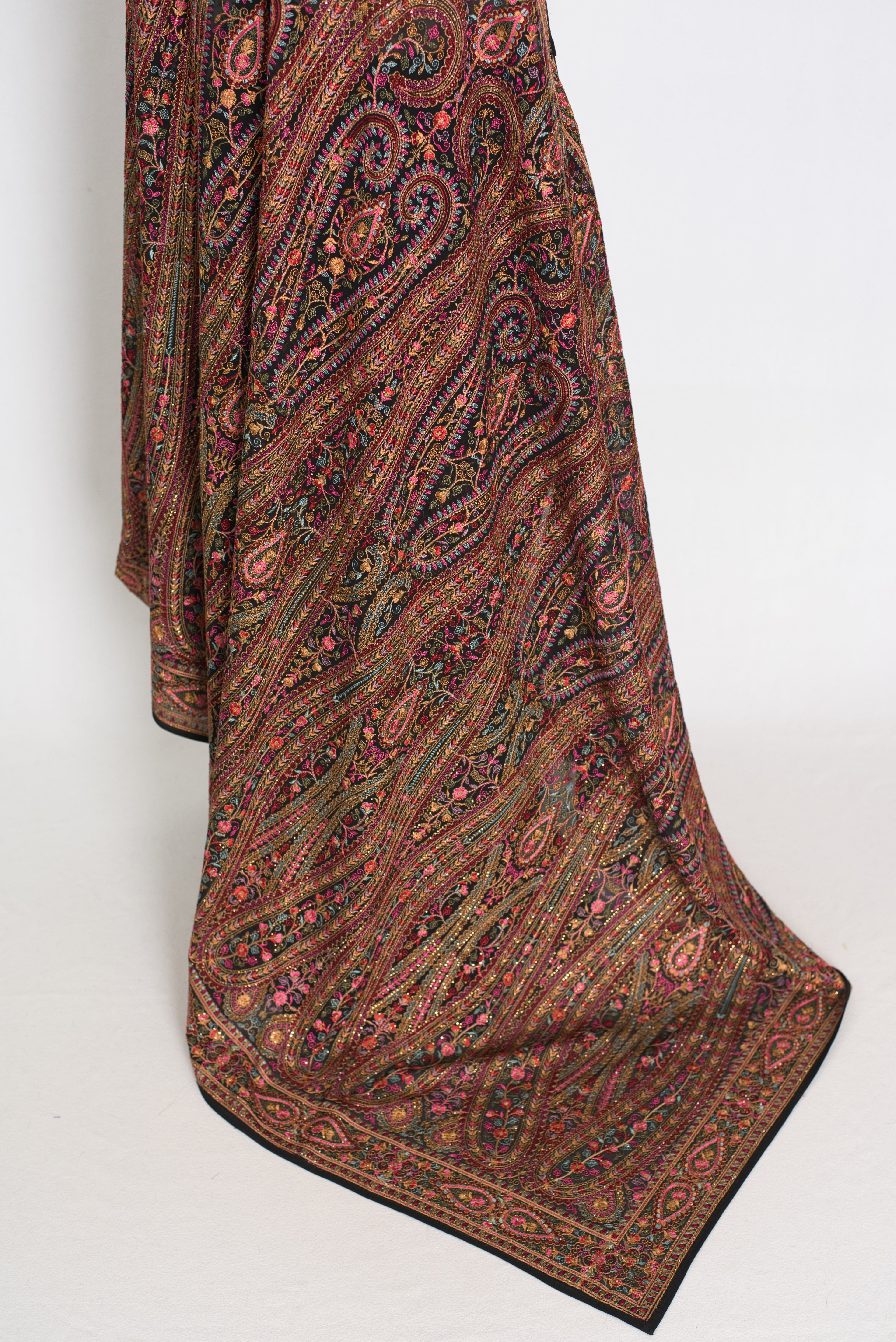 Pritha | Black Georgette Saree | All-Over Intricate Kashmiri Embroidery Jaal