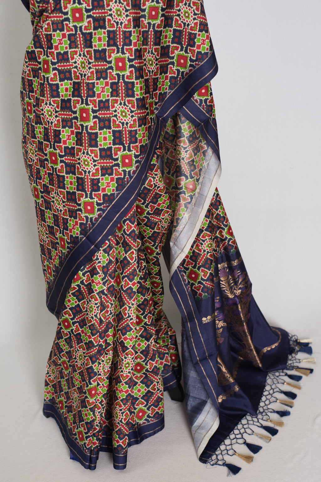 Leela : Navy Blue Ikkat Print Banarasi Silk Saree – with 36 Size Blouse