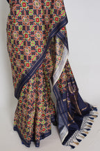 Leela : Navy Blue Ikkat Print Banarasi Silk Saree – with 36 Size Blouse
