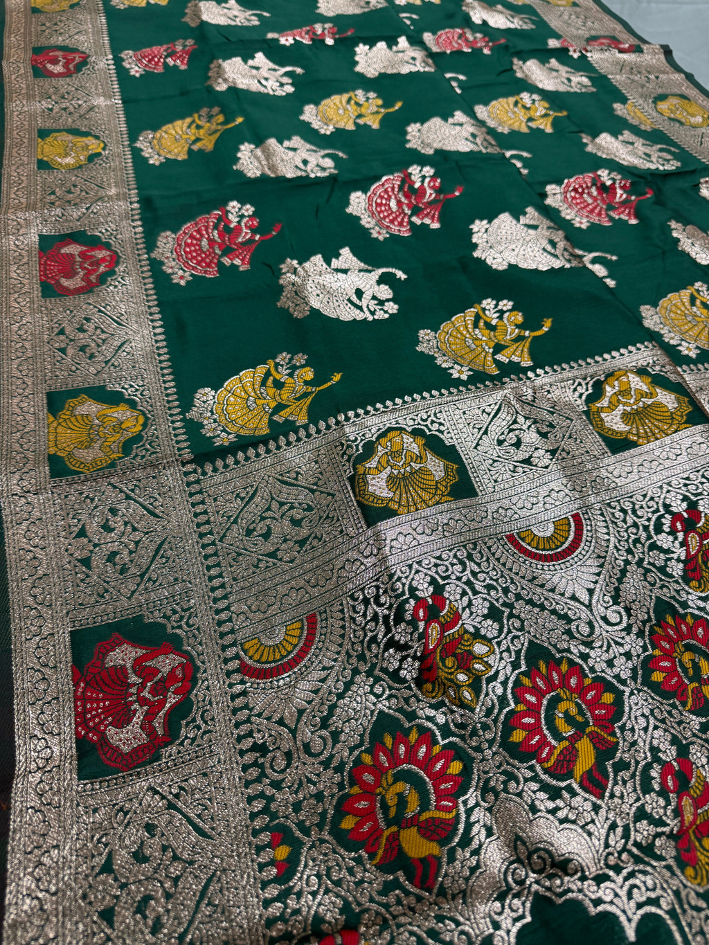 Rupa : Bottle Green Budget Friendly Baluchari Saree in Blended Silk
