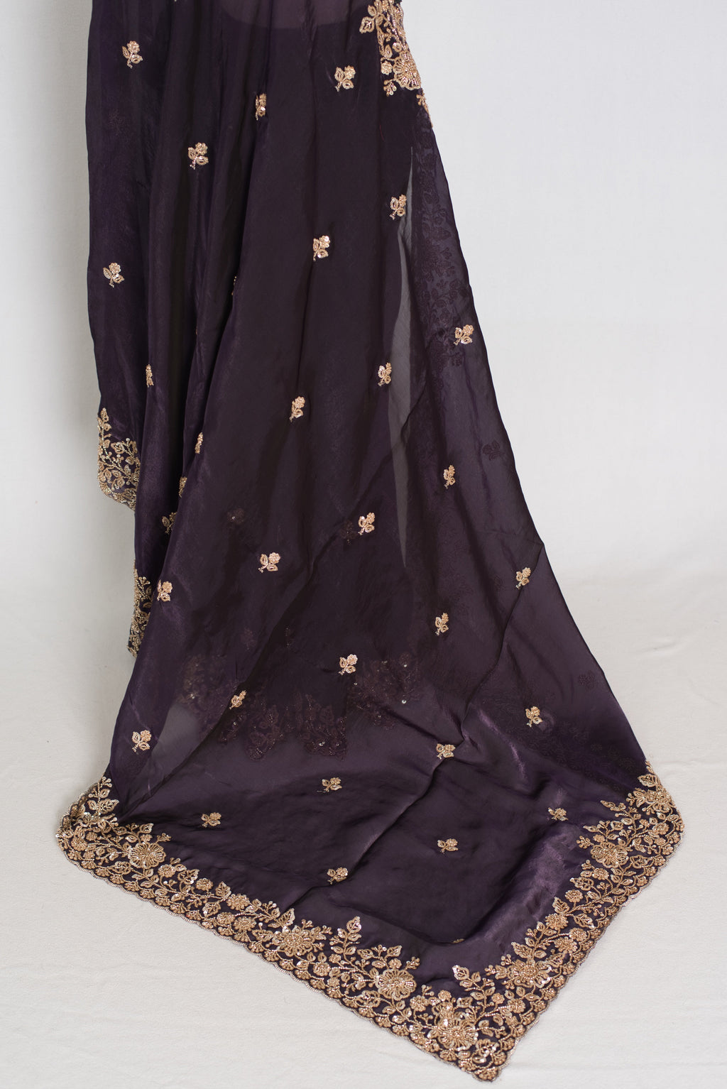 Priya | Deep Purple Tissue Saree | Stitched Size 38 Blouse (Adjustable to 40)