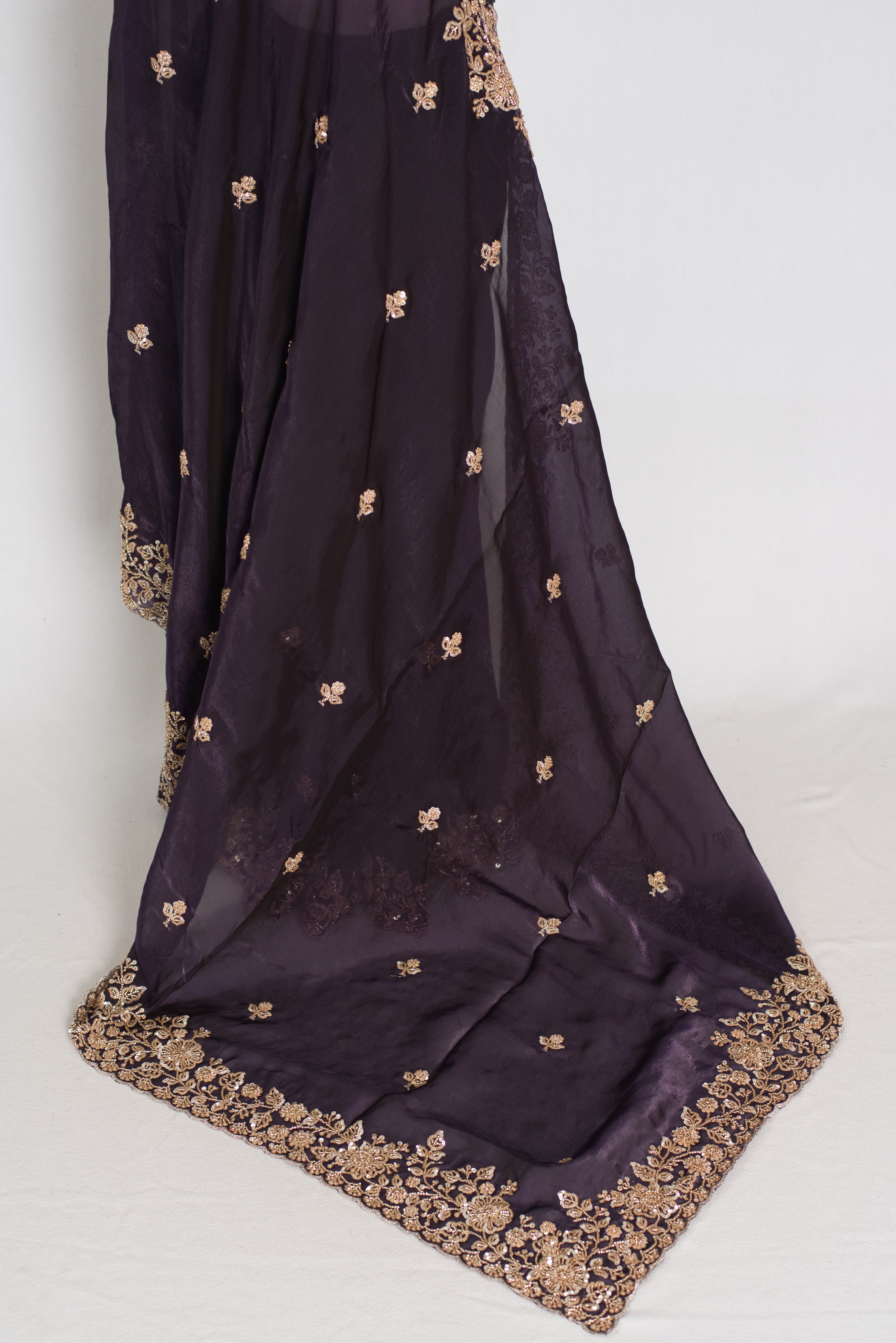 Priya | Deep Purple Tissue Saree | Stitched Size 38 Blouse (Adjustable to 40)
