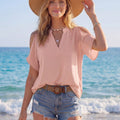 Sylviya Solid Cold Shoulder Split Sleeve Popover Blouse,Short Sleeve Tops,Casual
