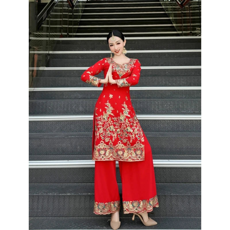 Female Indian Traditional Dance Dress Long Sleeve Tops Pants Bollywood Dance Saree Veil Suit Belly Dance Stage Clothing DQL10759