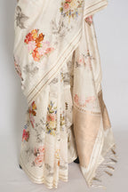 Sheuli : Ivory White Floral Printed Banarasi Katan Silk Saree