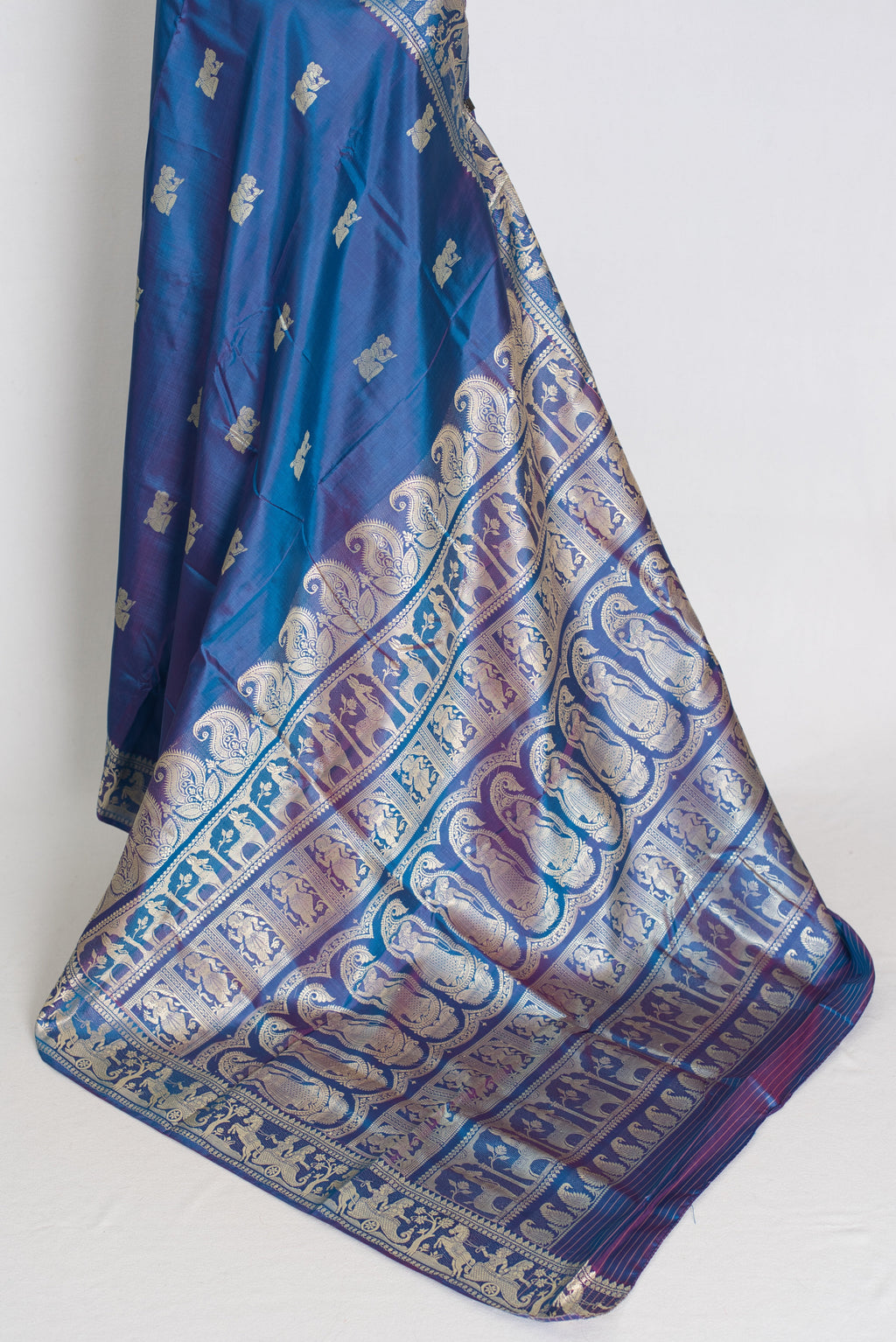 Arpita | Peacock Blue and Cream Handwoven Baluchari Silk Saree