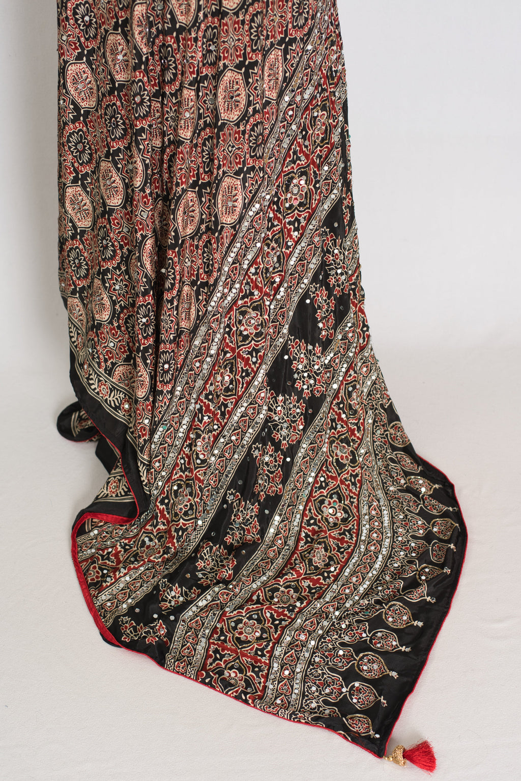 Aliya | Black Ajrakh Printed Mirror Work Saree| Bollywood Inspired Partywear