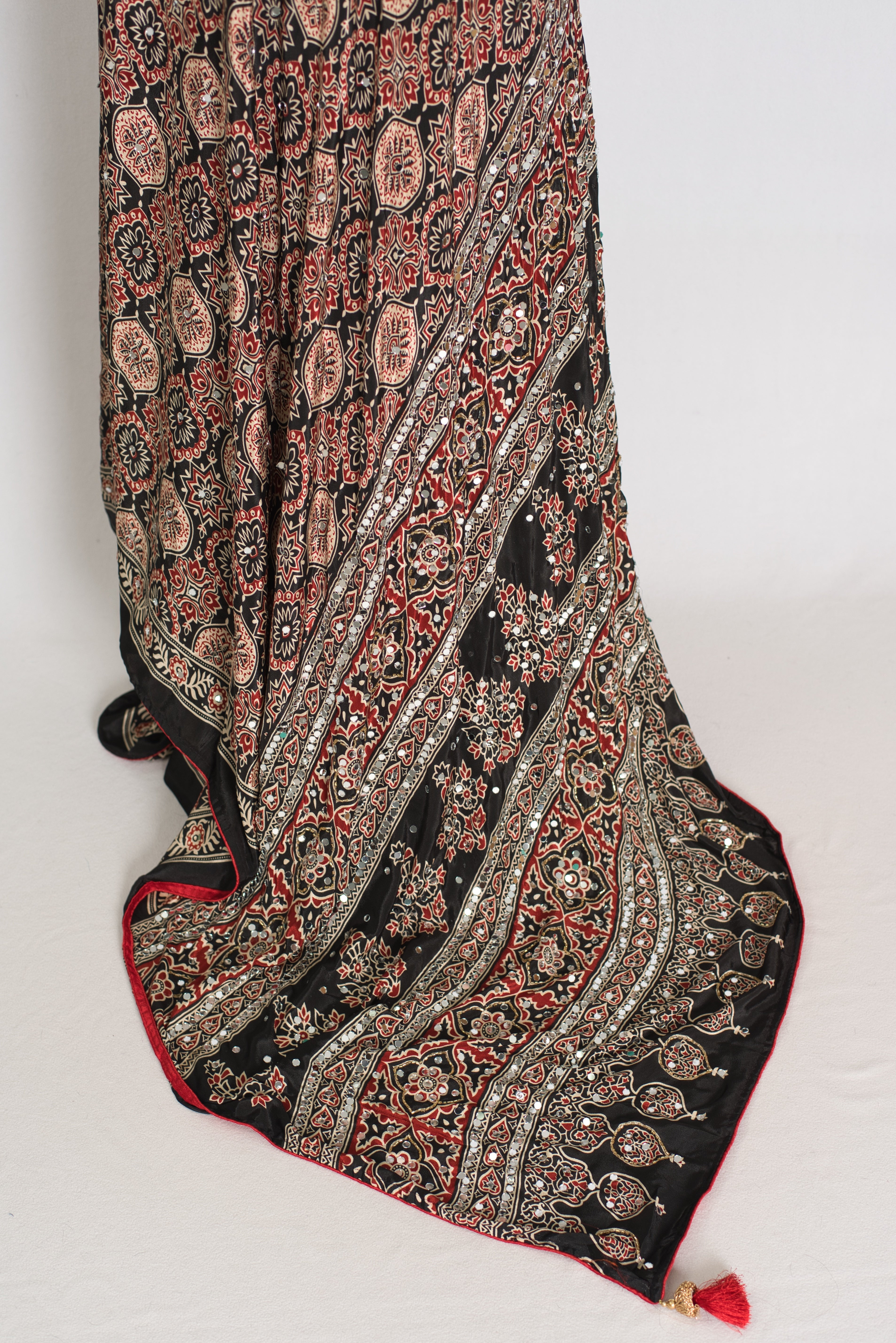 Aliya | Black Ajrakh Printed Mirror Work Saree| Bollywood Inspired Partywear