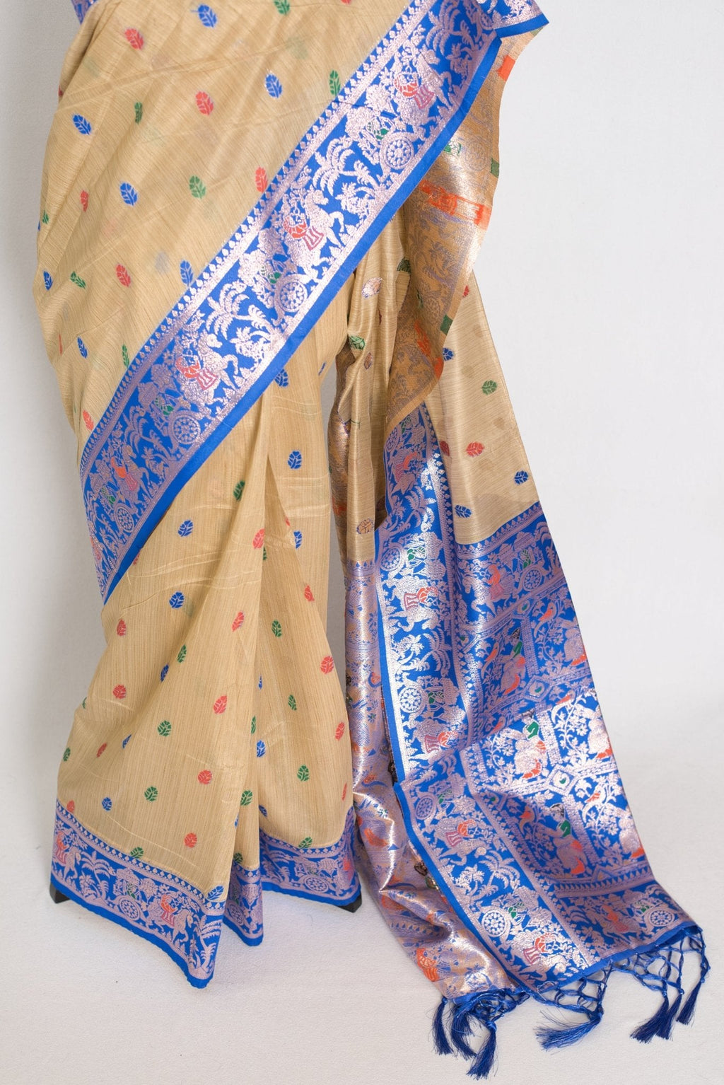 Aai: Royal Blue & Beige Blended Cotton Baluchari Saree | Mythological Motif Work