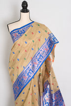 Aai: Royal Blue & Beige Blended Cotton Baluchari Saree | Mythological Motif Work