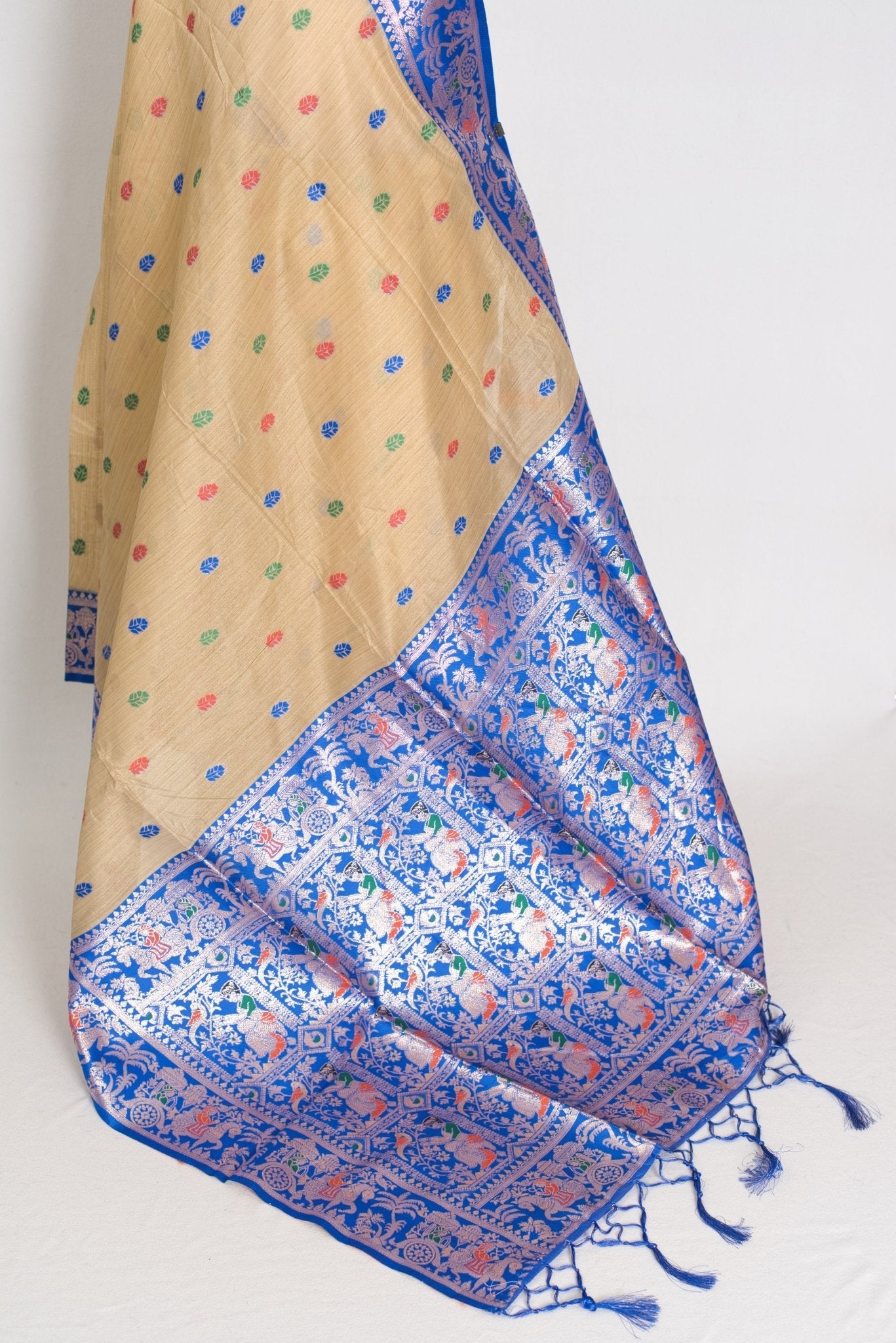 Aai: Royal Blue & Beige Blended Cotton Baluchari Saree | Mythological Motif Work
