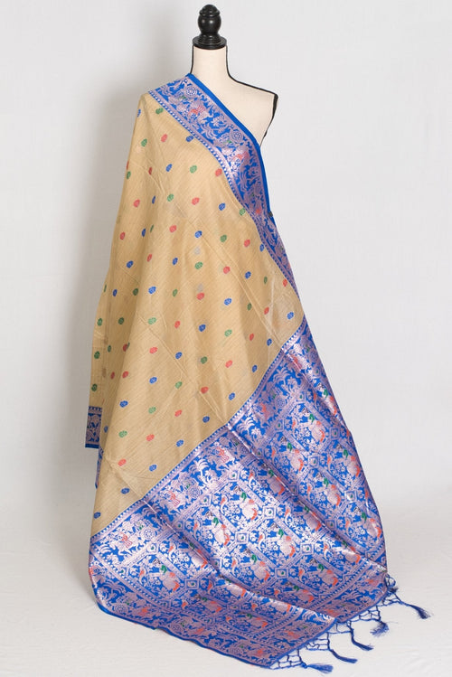 Aai: Royal Blue & Beige Blended Cotton Baluchari Saree | Mythological Motif Work