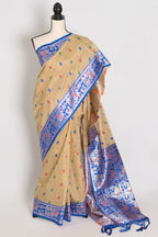 Aai: Royal Blue & Beige Blended Cotton Baluchari Saree | Mythological Motif Work
