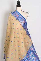 Aai: Royal Blue & Beige Blended Cotton Baluchari Saree | Mythological Motif Work