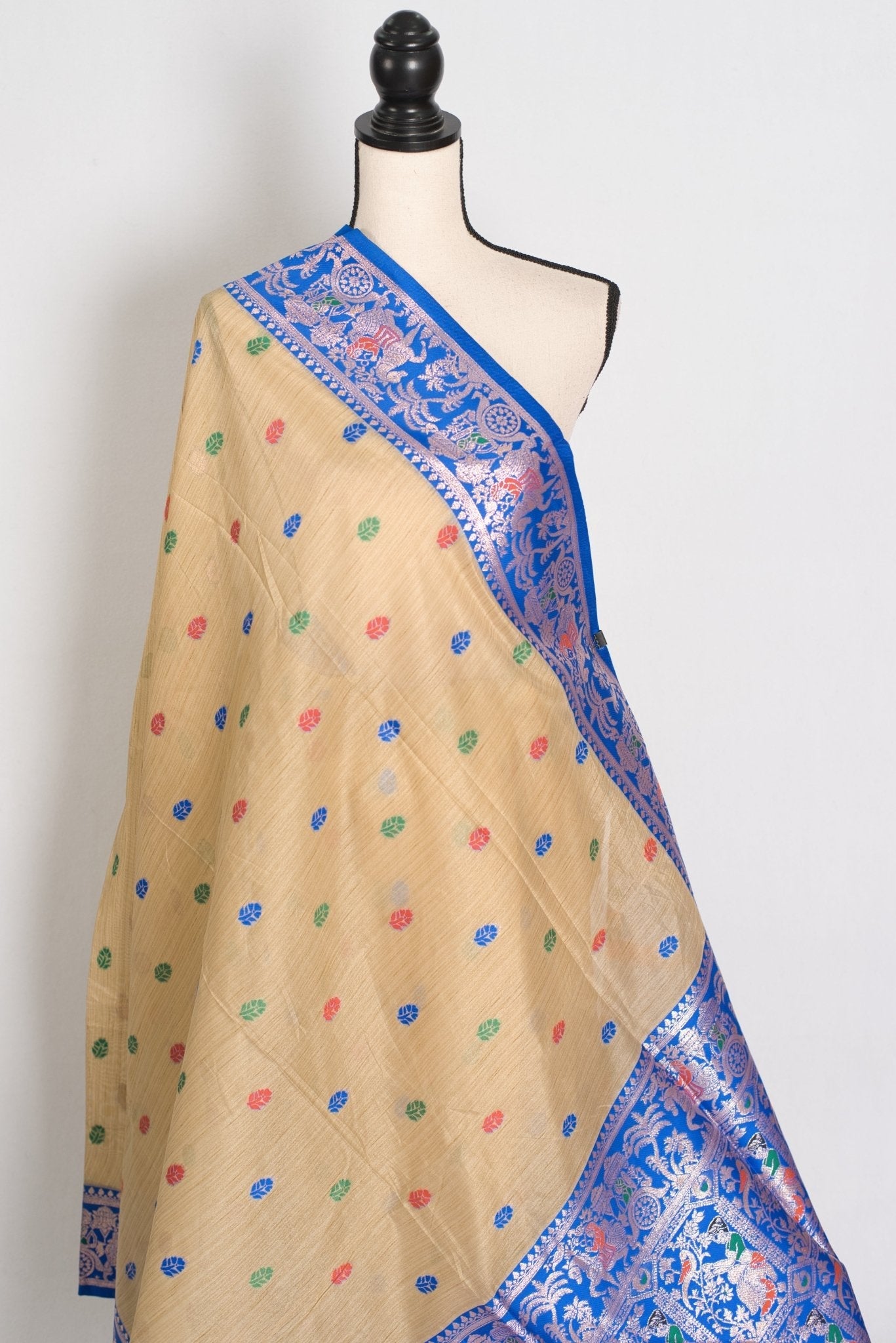 Aai: Royal Blue & Beige Blended Cotton Baluchari Saree | Mythological Motif Work