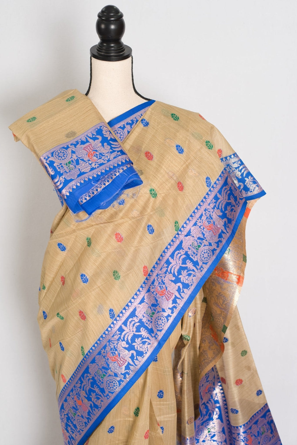 Aai: Royal Blue & Beige Blended Cotton Baluchari Saree | Mythological Motif Work