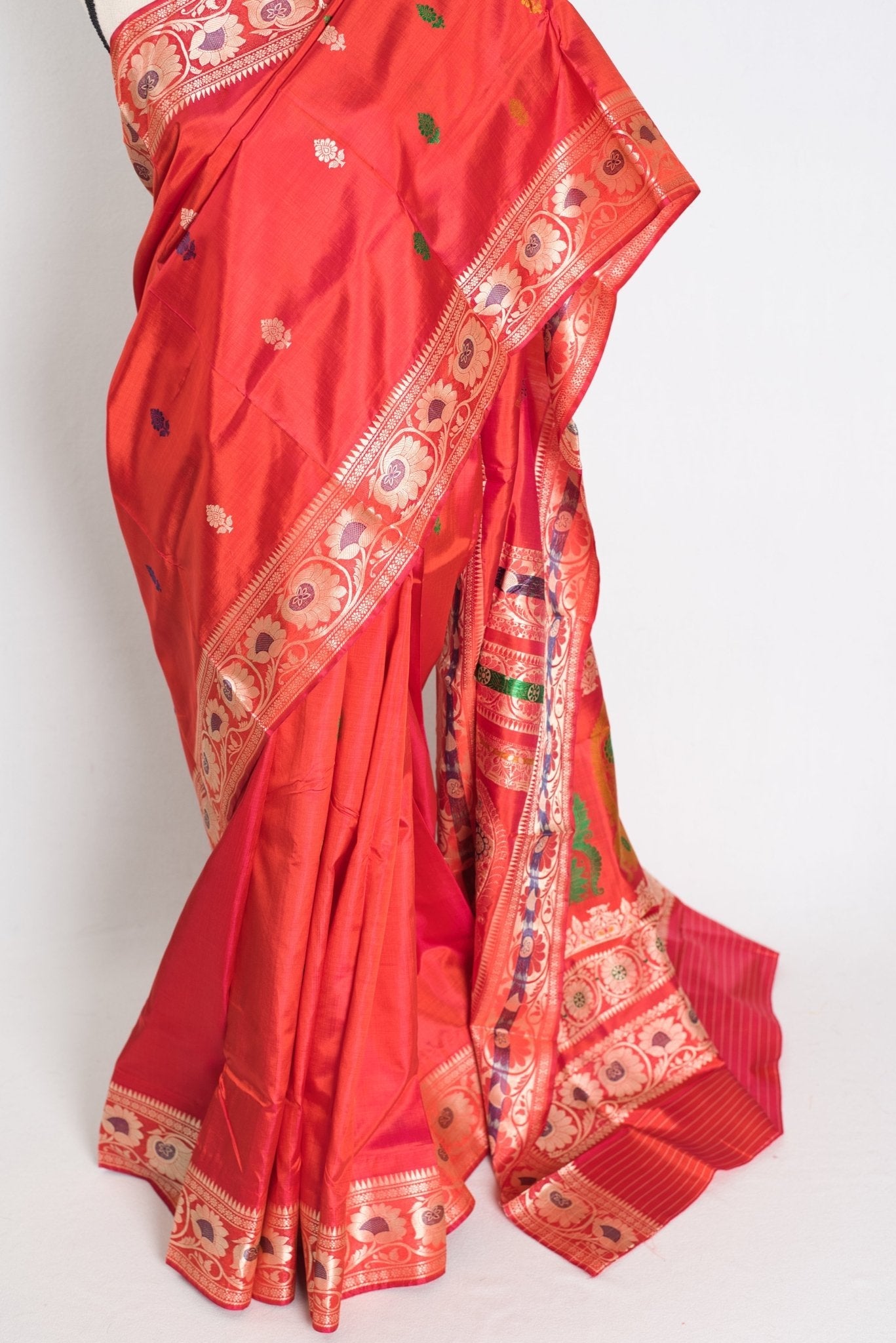 Aarna : Traditional Revival Baluchari Silk Saree from Bengal  in Orangish Red