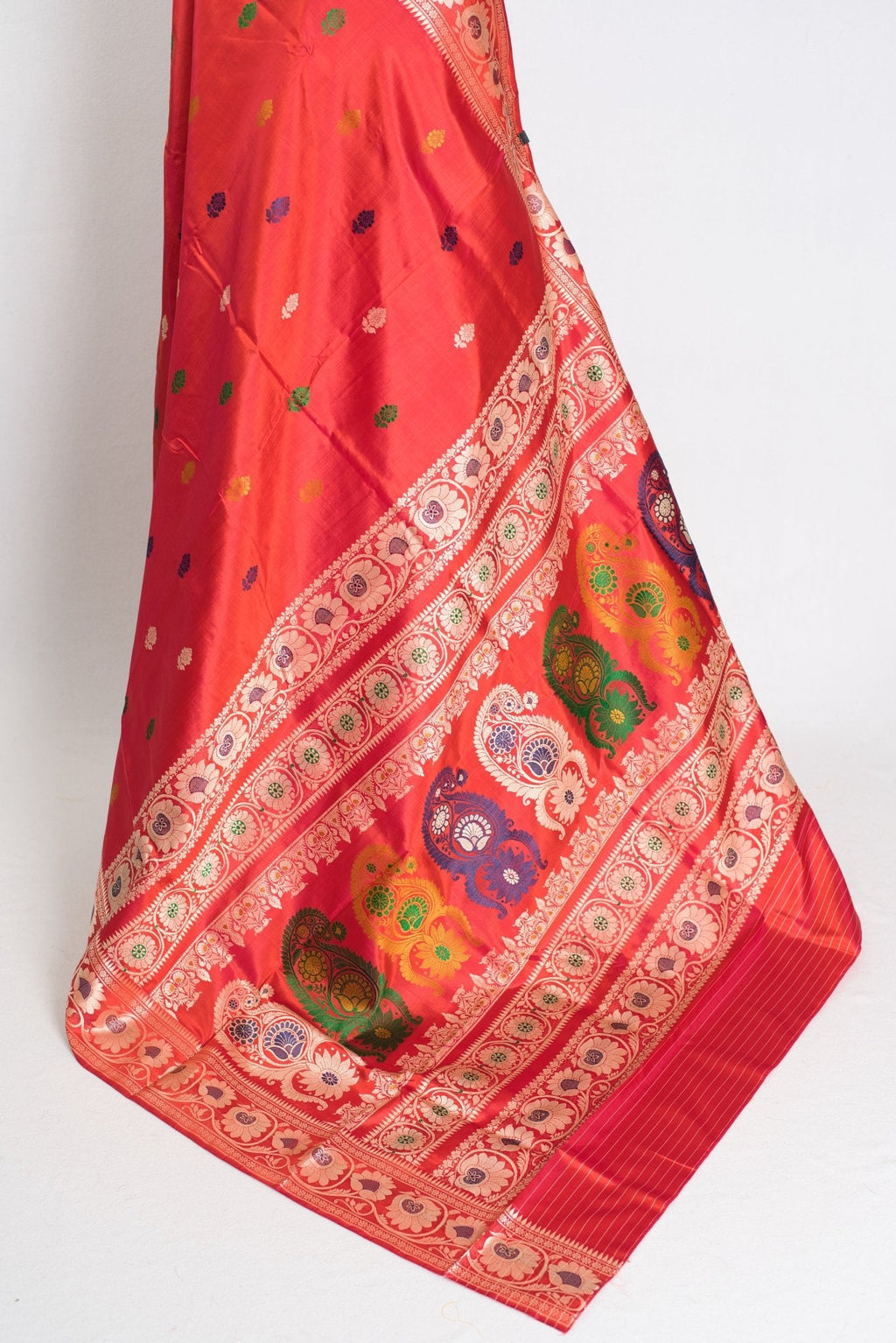 Aarna : Traditional Revival Baluchari Silk Saree from Bengal  in Orangish Red