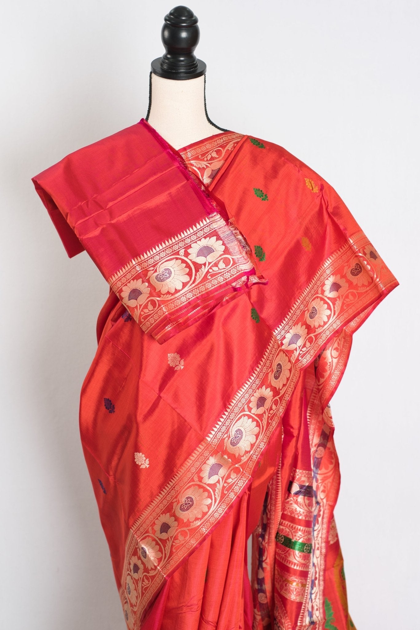 Aarna : Traditional Revival Baluchari Silk Saree from Bengal  in Orangish Red