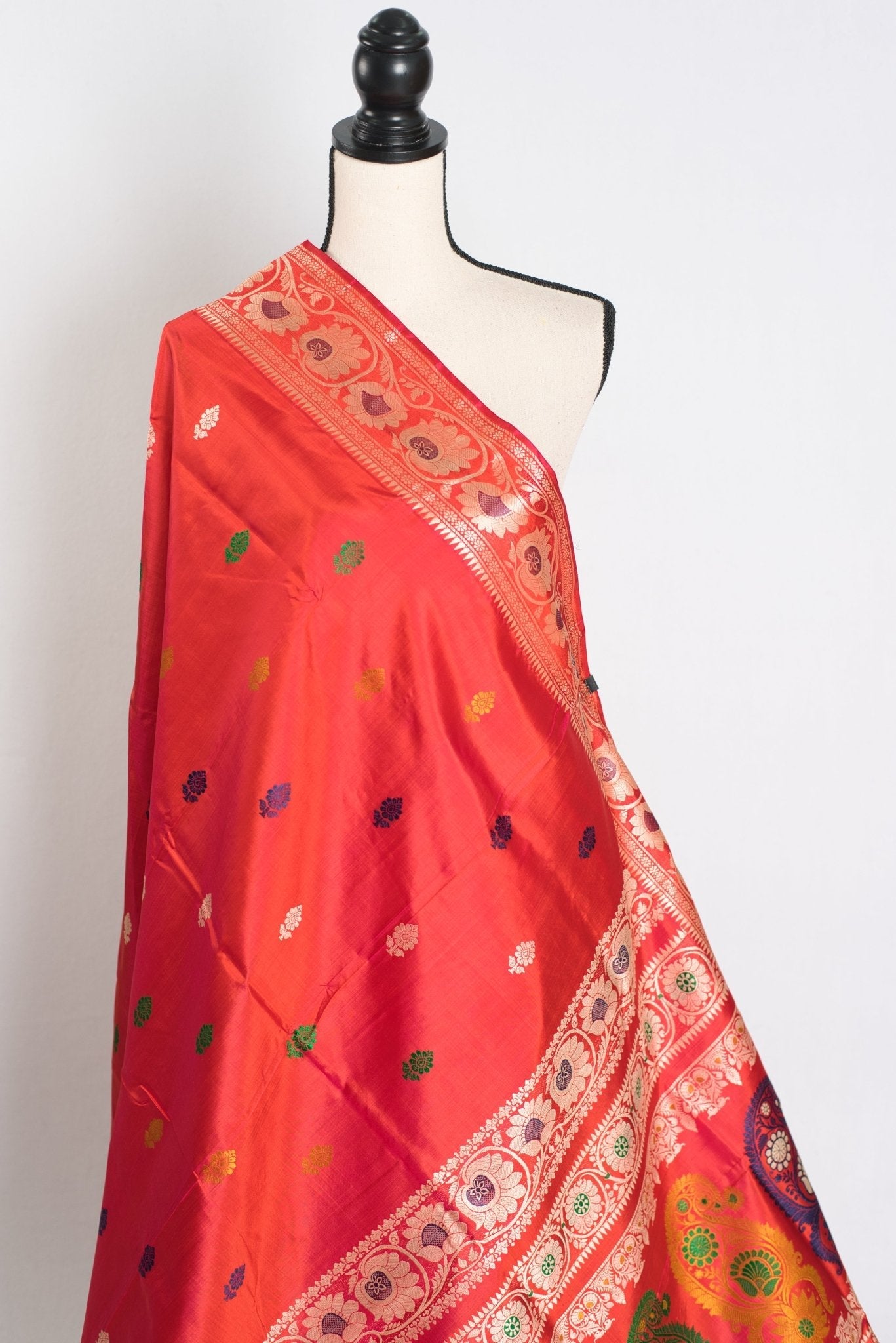 Aarna : Traditional Revival Baluchari Silk Saree from Bengal  in Orangish Red