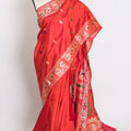 Aarna : Traditional Revival Baluchari Silk Saree from Bengal  in Orangish Red