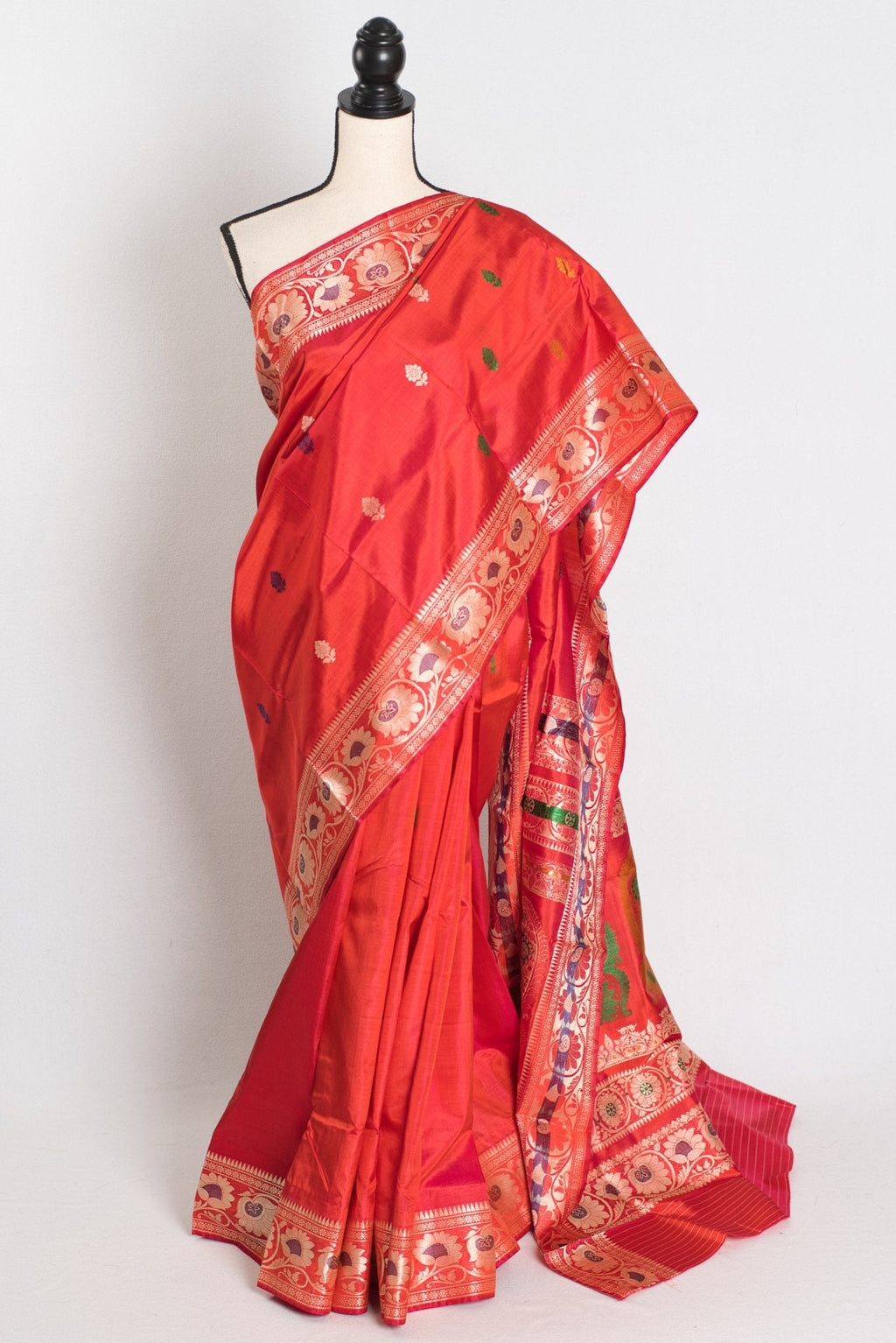 Aarna : Traditional Revival Baluchari Silk Saree from Bengal  in Orangish Red