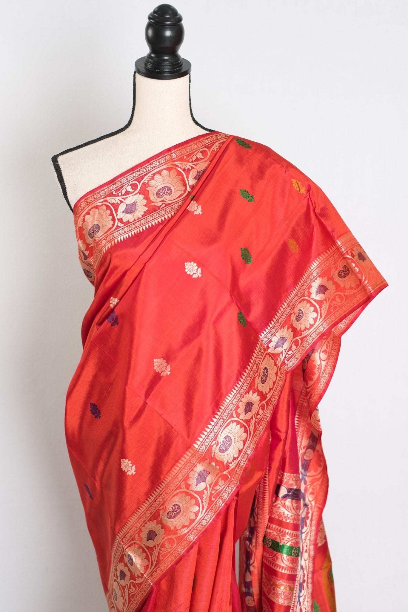Aarna : Traditional Revival Baluchari Silk Saree from Bengal  in Orangish Red