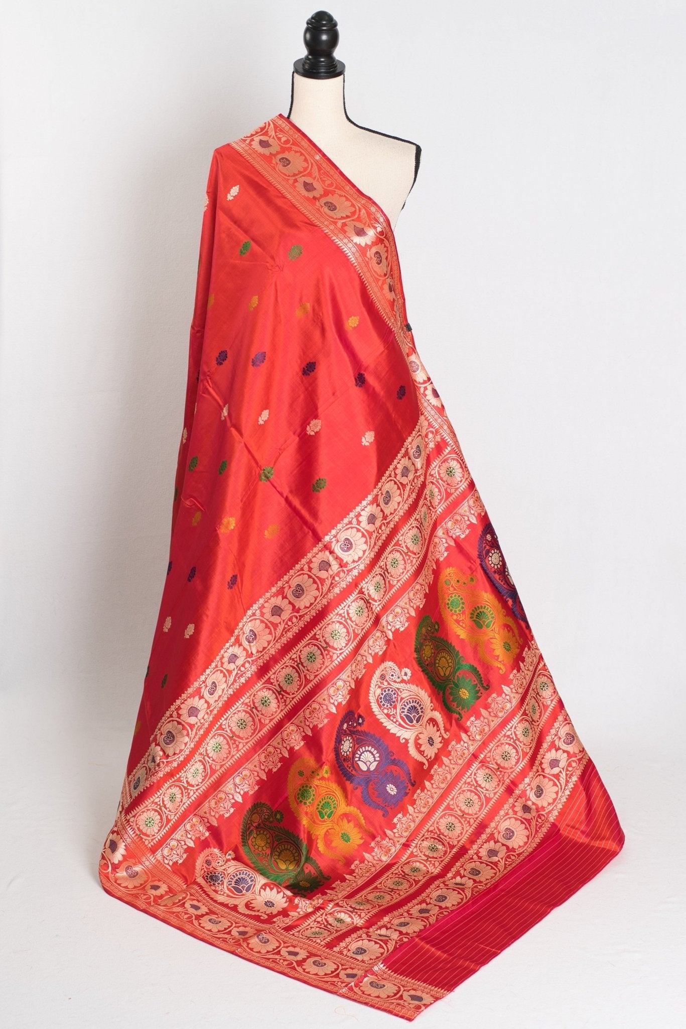 Aarna : Traditional Revival Baluchari Silk Saree from Bengal  in Orangish Red