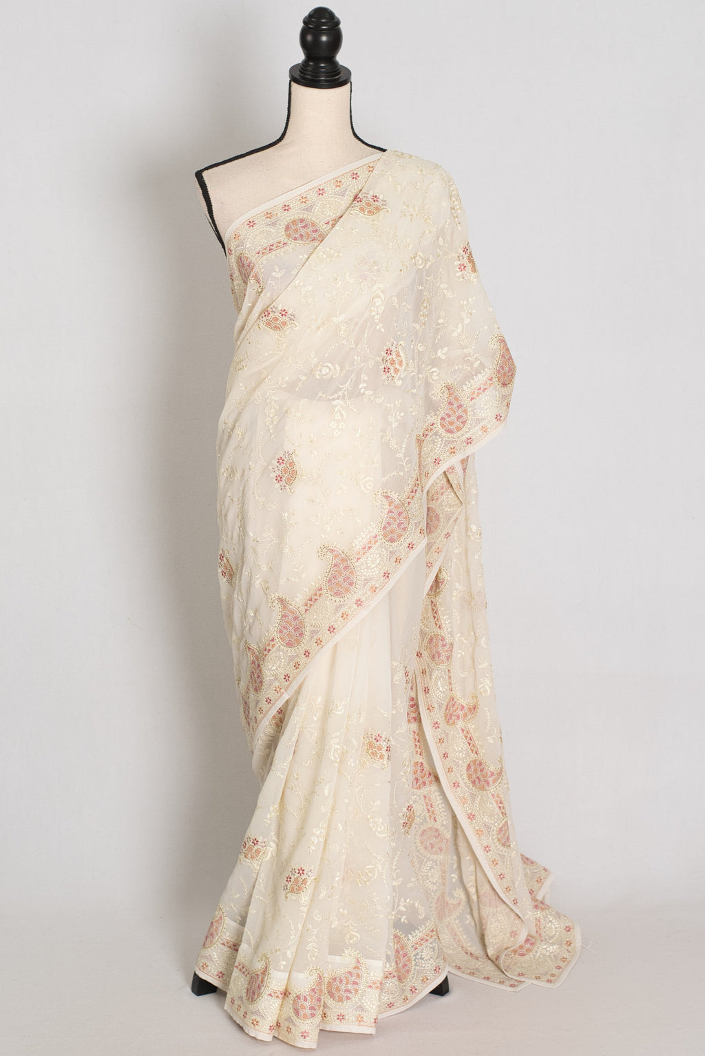 Shaba : Off-White Georgette Embroidered Cocktail Partywear Saree
