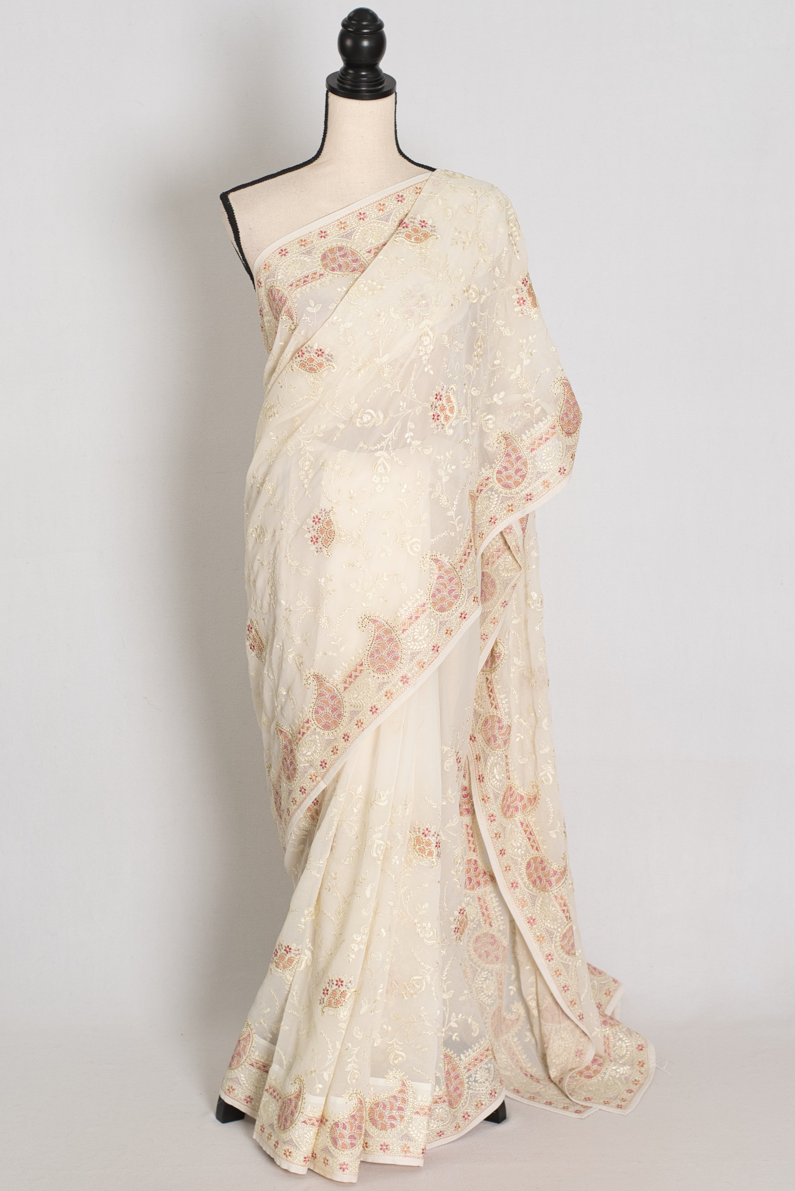 Shaba : Off-White Georgette Embroidered Cocktail Partywear Saree