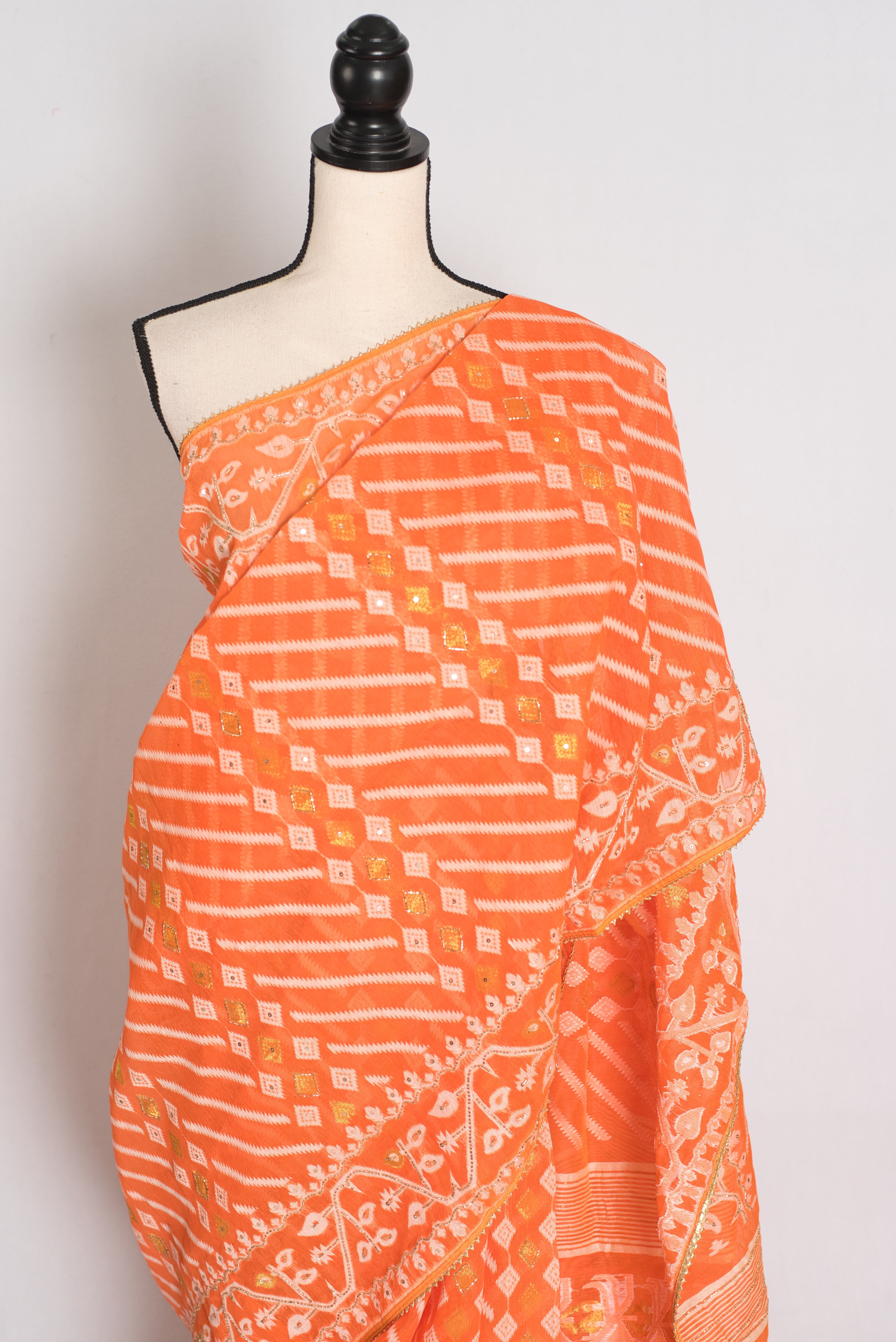 Sia : Festive Orange and White Blended Cotton Jamdani Saree with Hand Embroidery