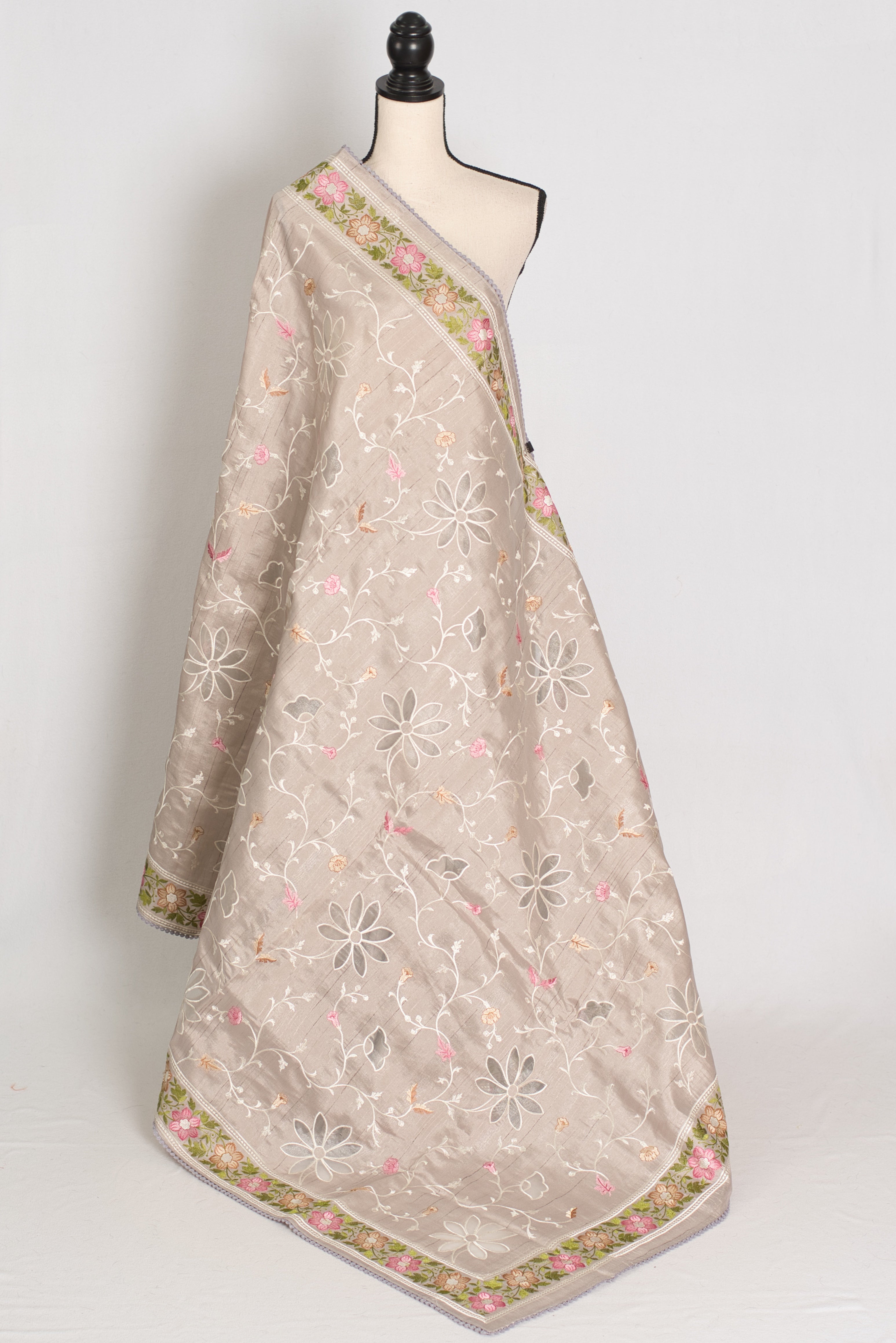 Sriti: Dove Grey Semi Tussar Silk Saree with Floral Cut Work Embroidery