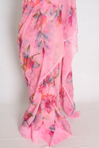 Mou : Bubble Gum Pink Floral Printed Chiffon Saree, Budget-Friendly Summer Drape
