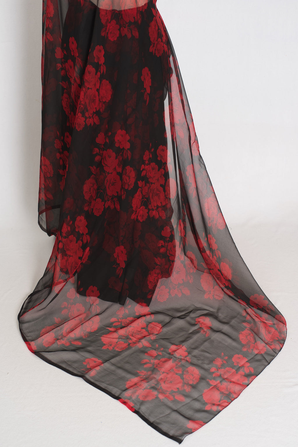 Mita : Black and Red Rose Printed Chiffon Saree - Budget Clearance Edition