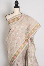 Sriti: Dove Grey Semi Tussar Silk Saree with Floral Cut Work Embroidery