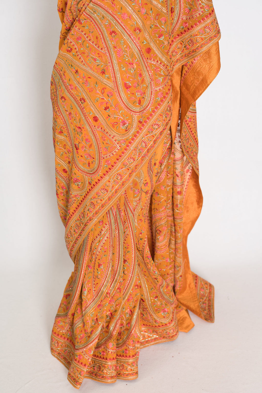 Haldi | Turmeric Yellow Georgette Saree | All-Over Kashmiri Embroidery