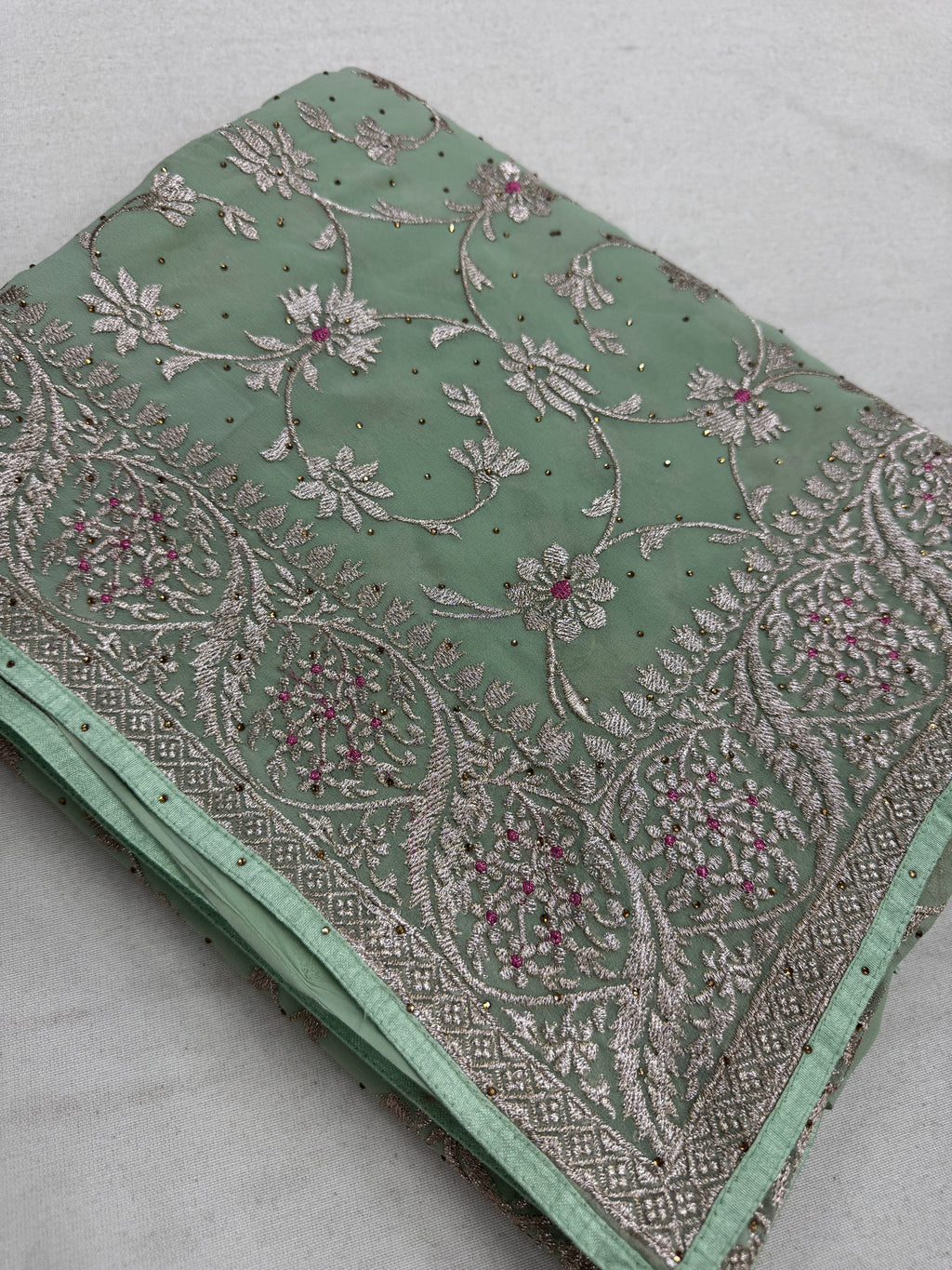 Pooja | Sea Green Georgette Partywear Saree | Elegant Machine Floral Embroidery