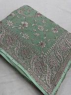 Pooja | Sea Green Georgette Partywear Saree | Elegant Machine Floral Embroidery