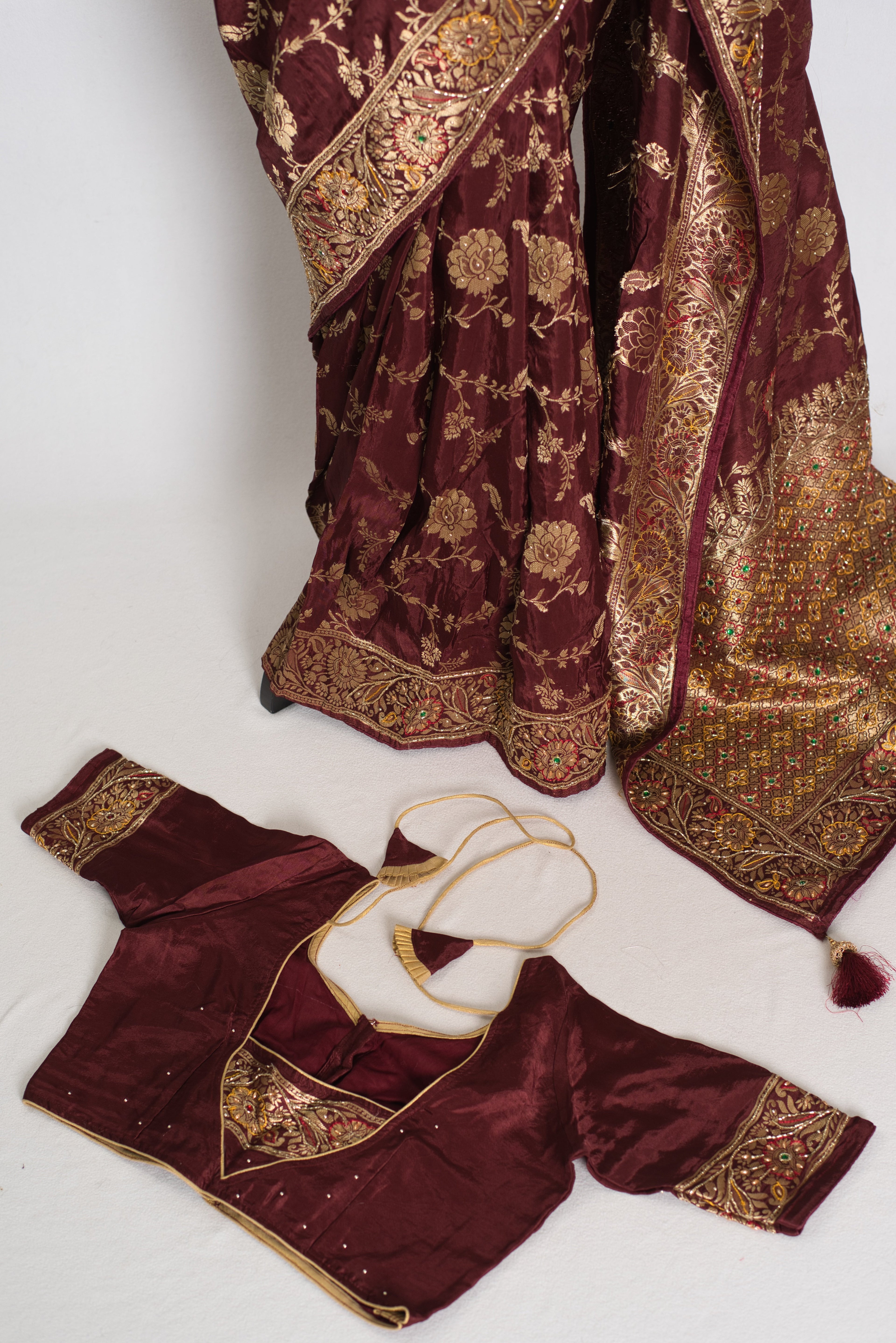 Shruti : Coffee Brown Dola Silk Banarasi Saree with 38 Size Blouse