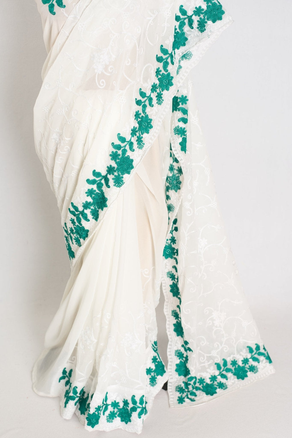 Afrin : Georgette Embroidery Designer Saree in Off White and Green