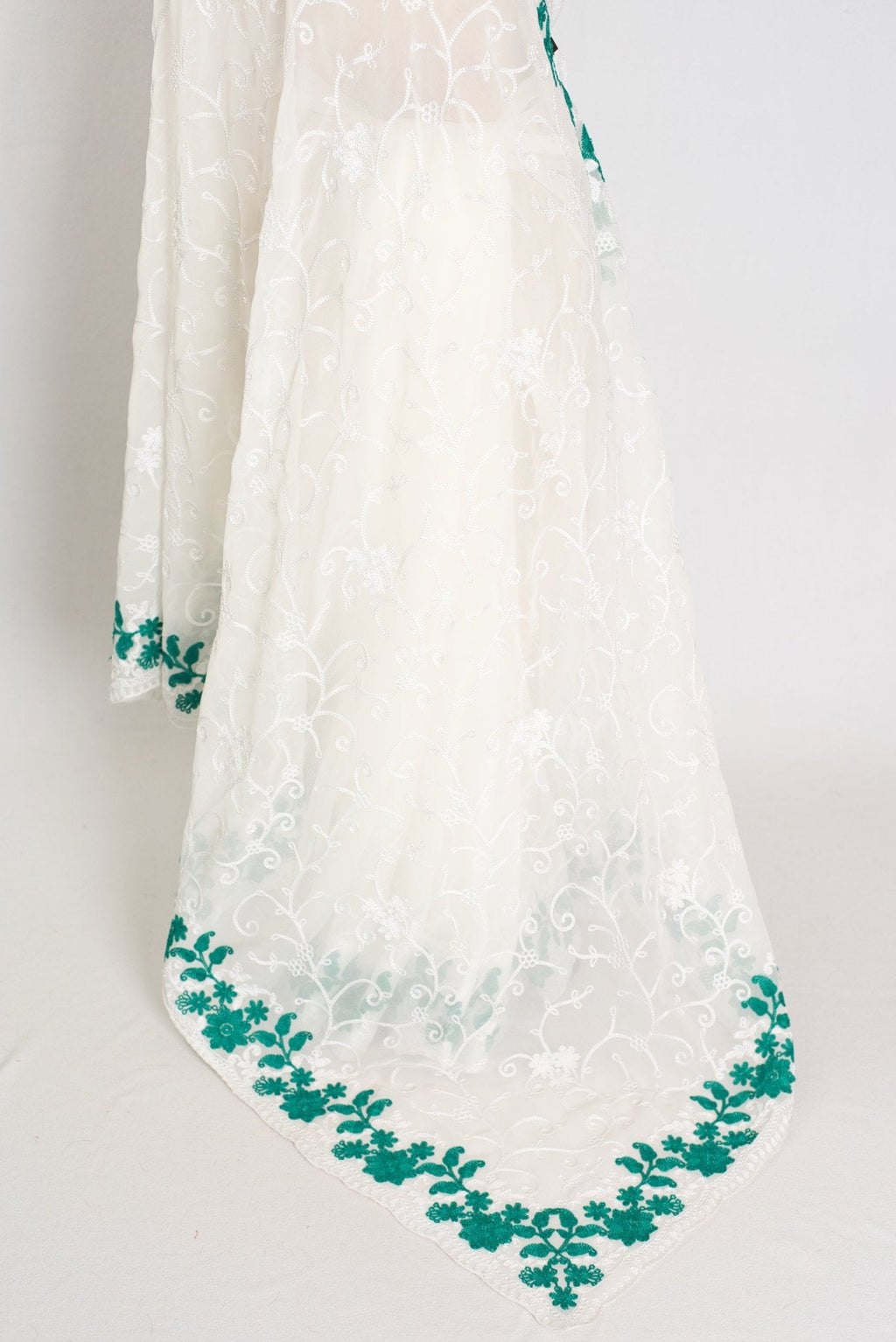 Afrin : Georgette Embroidery Designer Saree in Off White and Green