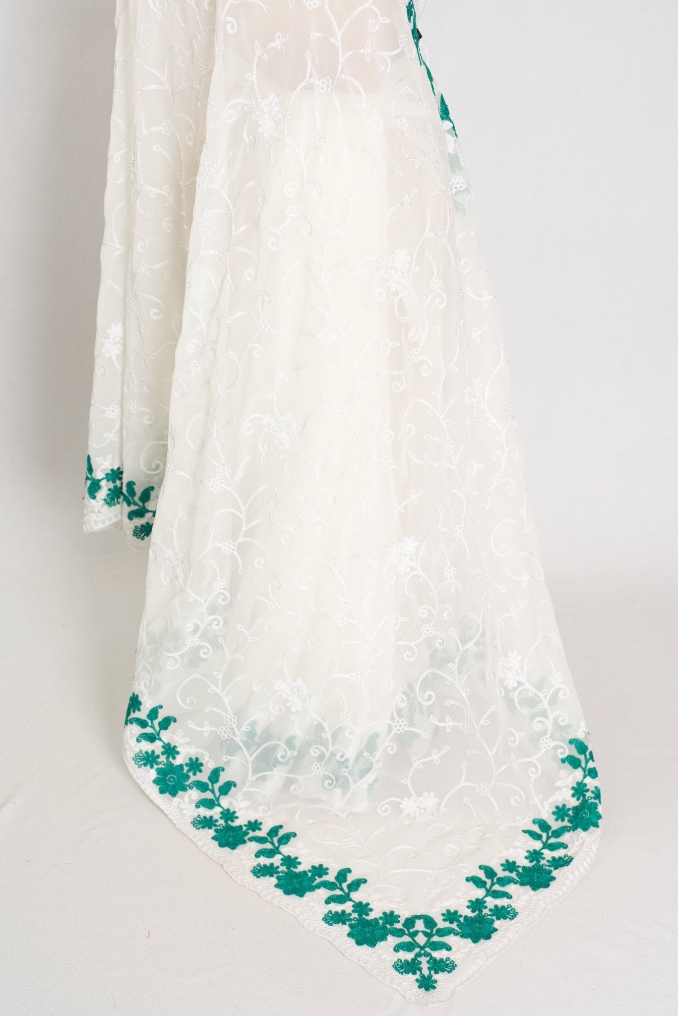 Afrin : Georgette Embroidery Designer Saree in Off White and Green