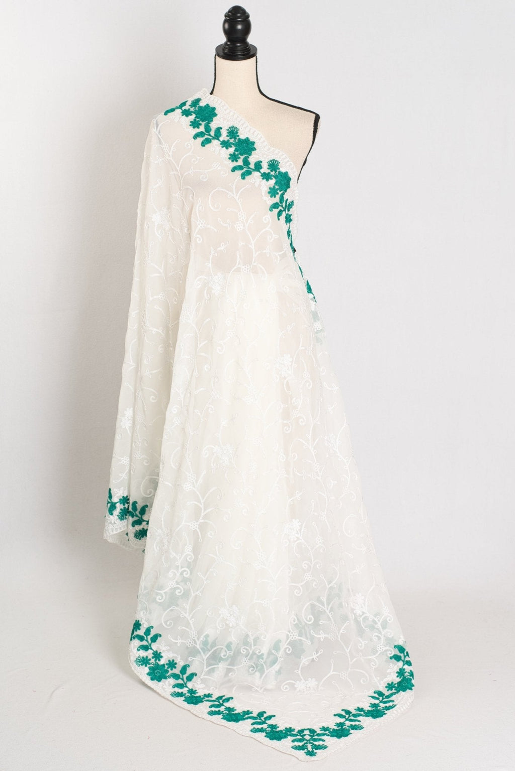 Afrin : Georgette Embroidery Designer Saree in Off White and Green