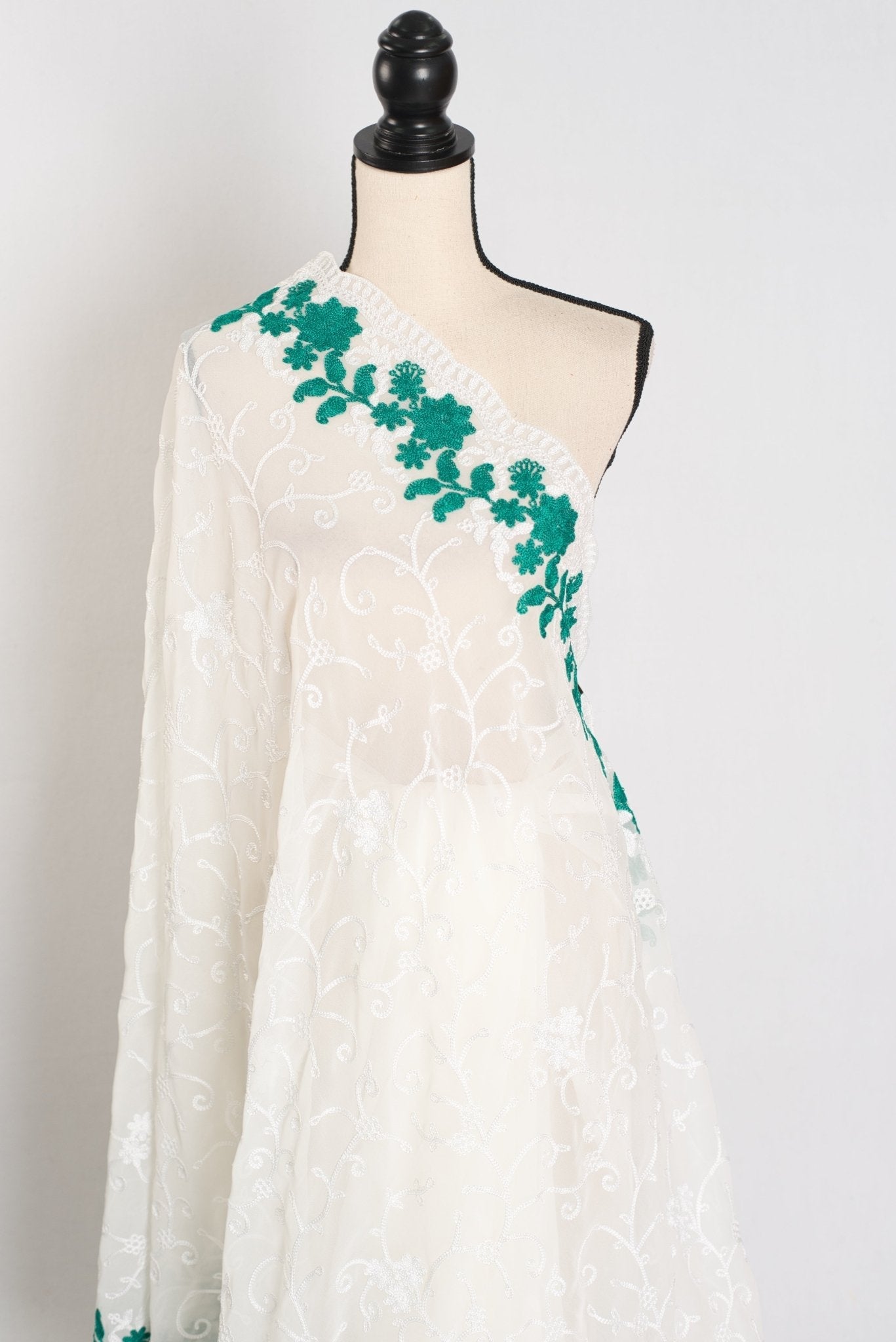 Afrin : Georgette Embroidery Designer Saree in Off White and Green