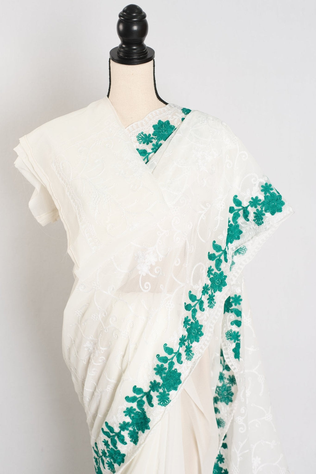 Afrin : Georgette Embroidery Designer Saree in Off White and Green