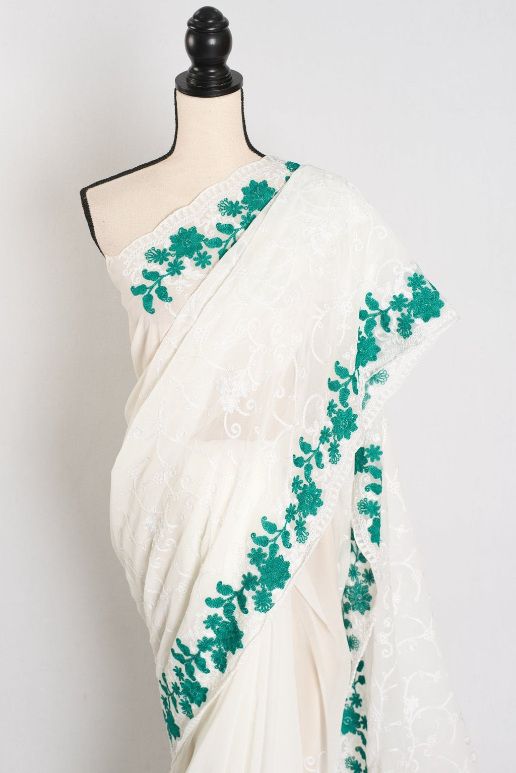 Afrin : Georgette Embroidery Designer Saree in Off White and Green