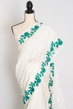 Afrin : Georgette Embroidery Designer Saree in Off White and Green
